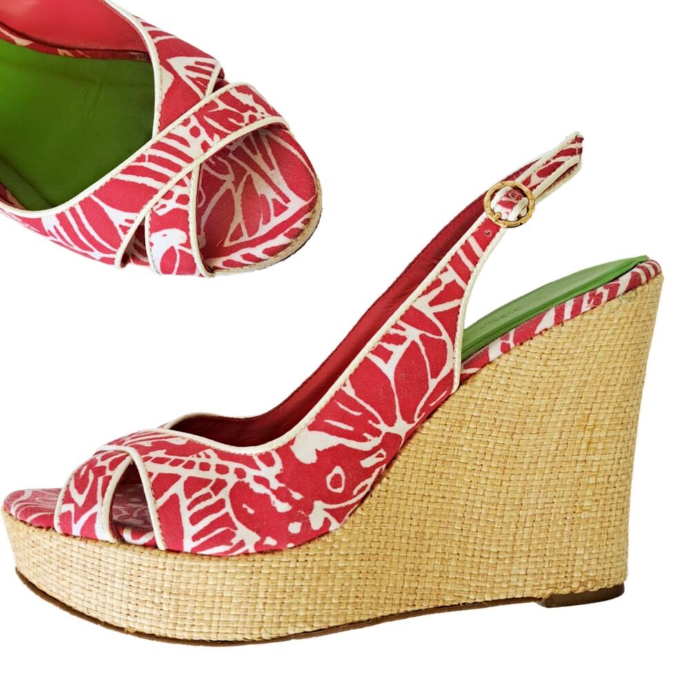 Lilly Pulitzer Peep Toe Slingback Wedge Platform Sandals Pink Size 7.5